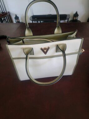 VALENTINO ORLANDI CREAM AND OLIVE TOTE BAG w/CROSSBODY STRAP
